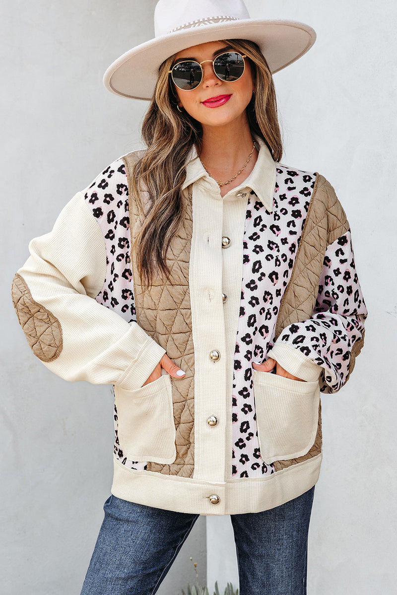 Leopard Waffle Quilted Patchwork Button Front Jacket