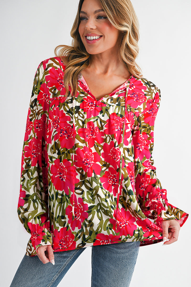 Floral Print Lace up V Neck Flounce Sleeve Blouse