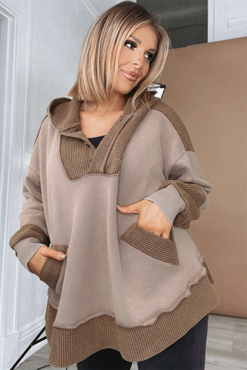 Waffle Contrast Patchwork Plus Size Pocketed Hoodie