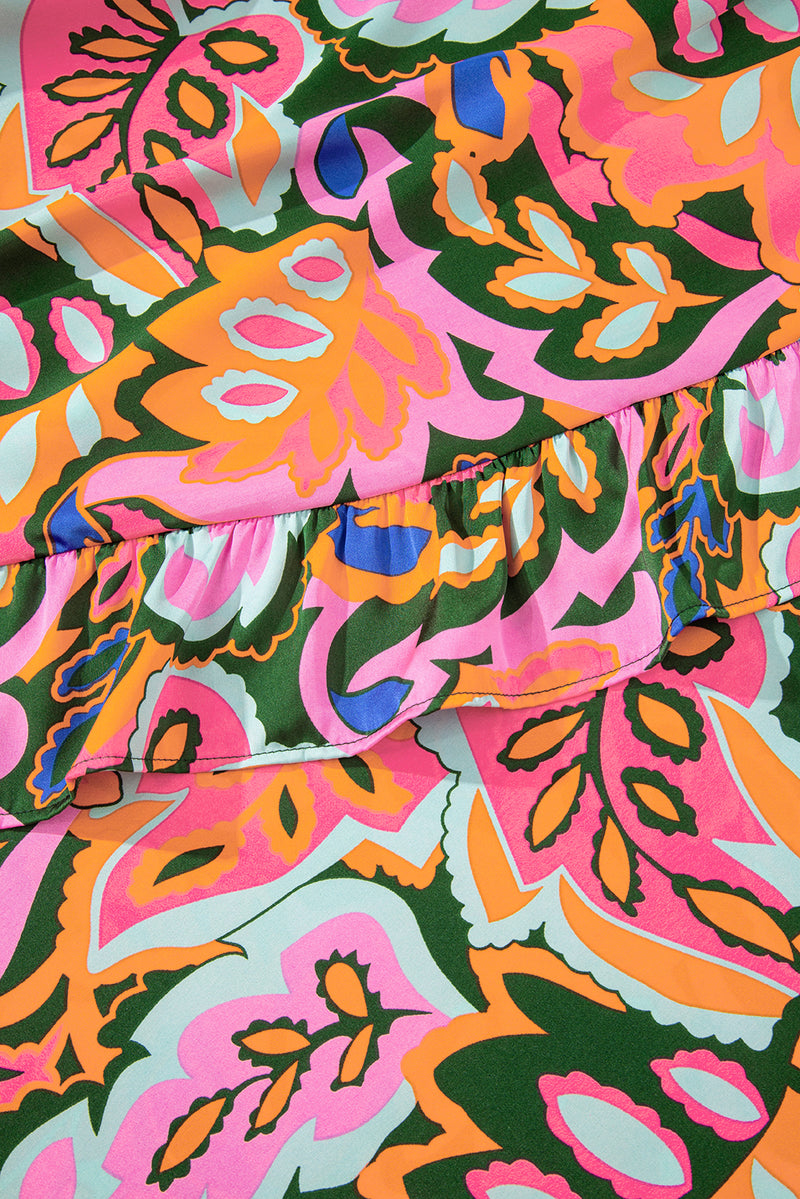 Summer Plant Print Surpliced V Neck Ruffled Asymmetric Slit Wide Short Sleeve Maxi Dress