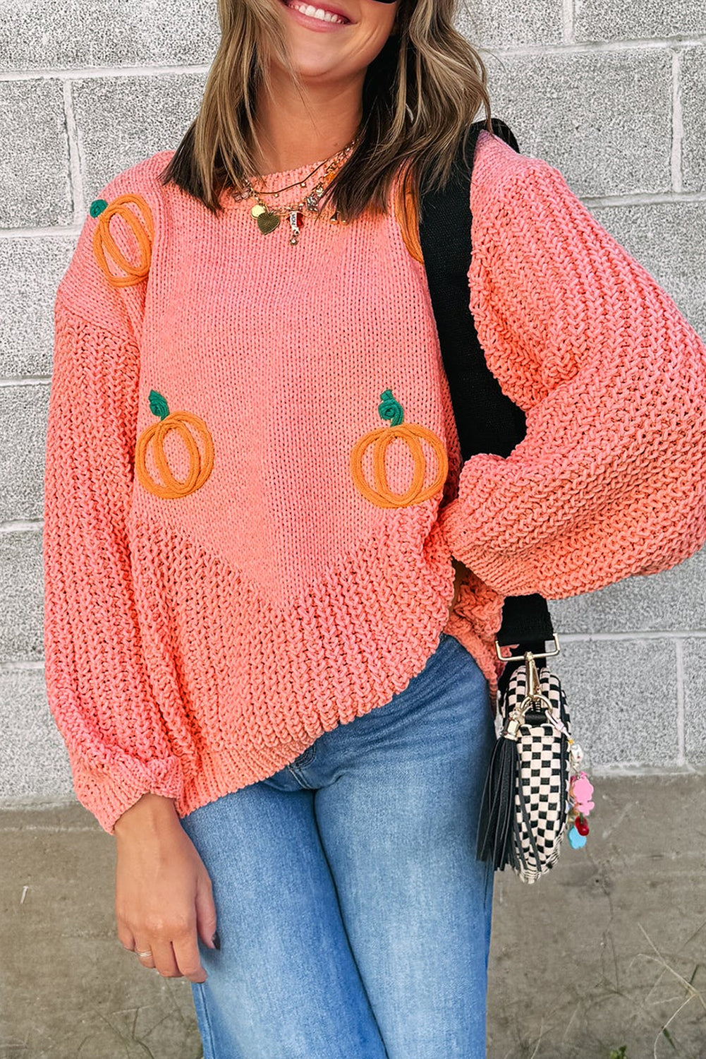 Peach Pumpkin Embroidered Thanksgiving Holiday Sweater