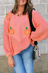 Peach Pumpkin Embroidered Thanksgiving Holiday Sweater
