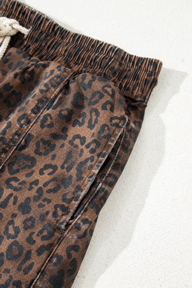 Leopard Print Elastic Waist Drawstring Denim Skort