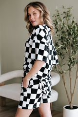 Checkerboard Print V Neck Loose Tee and Shorts Lounge Set