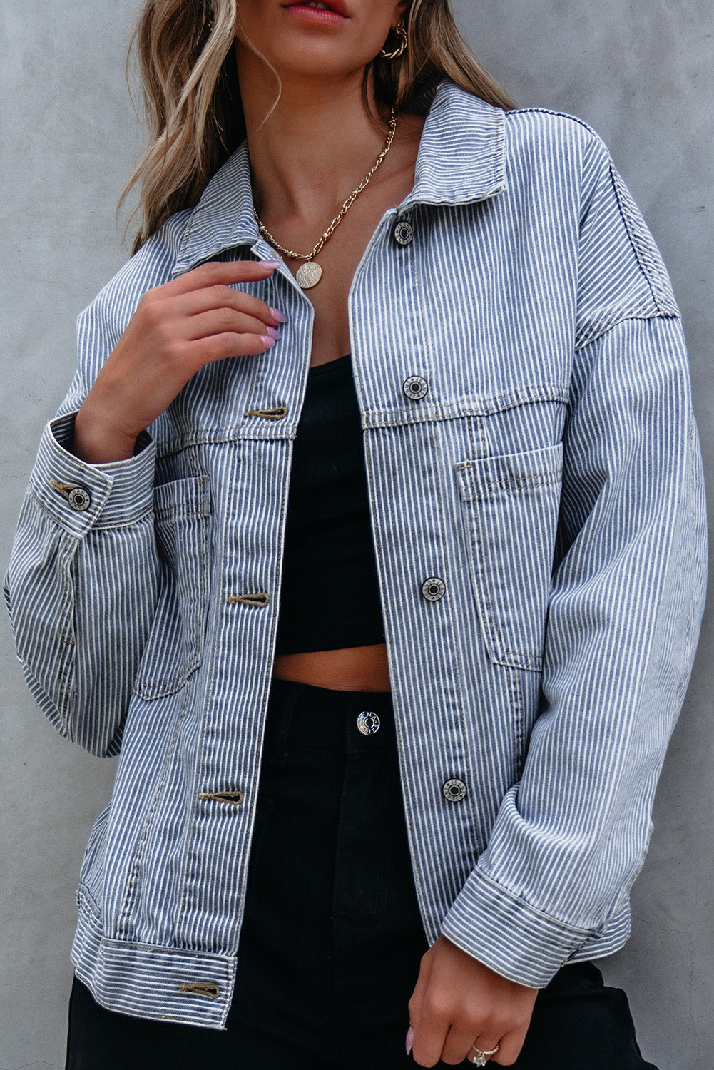 Stripe Washed Oversize Pocketed Denim Jacket