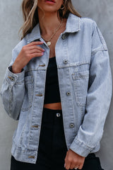 Stripe Washed Oversize Pocketed Denim Jacket