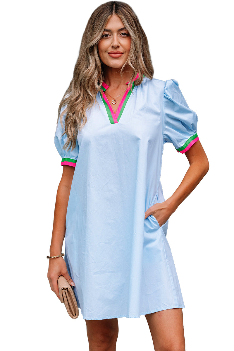 Contrast Striped Notched V Neck Puff Sleeve Mini Dress