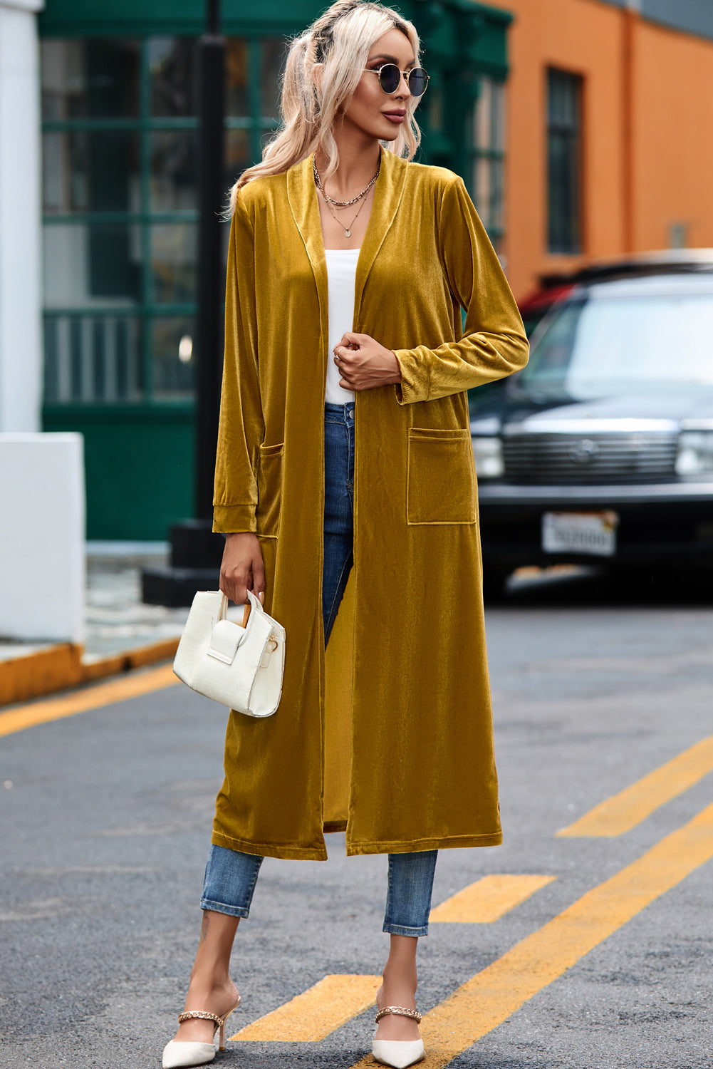 Mustard Yellow Velvet Open Front Pocketed Long Duster