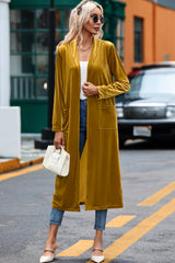 Mustard Yellow Velvet Open Front Pocketed Long Duster
