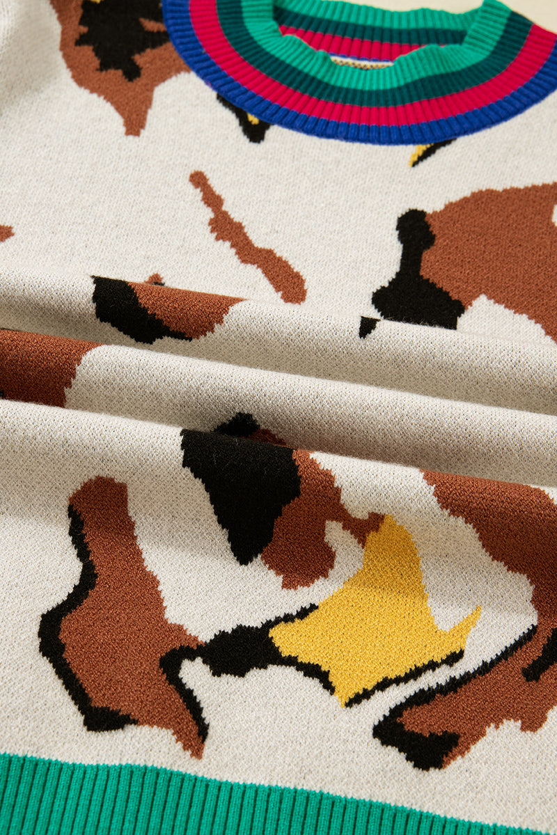 Contrast Ribbed Stripes Detail Animal Pattern Knit Sweater