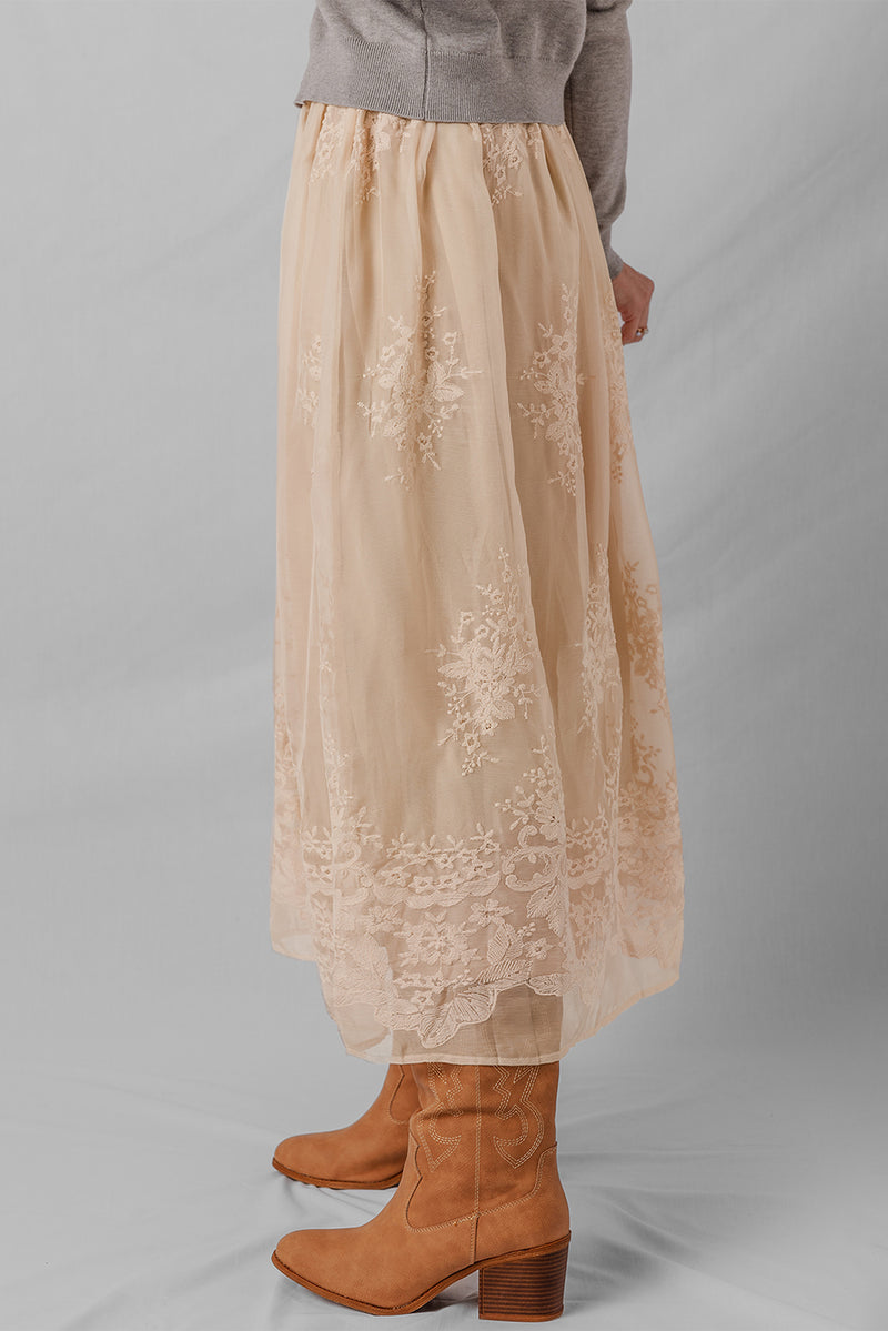 Embroidered Mesh Overlay Flowy Long Skirt