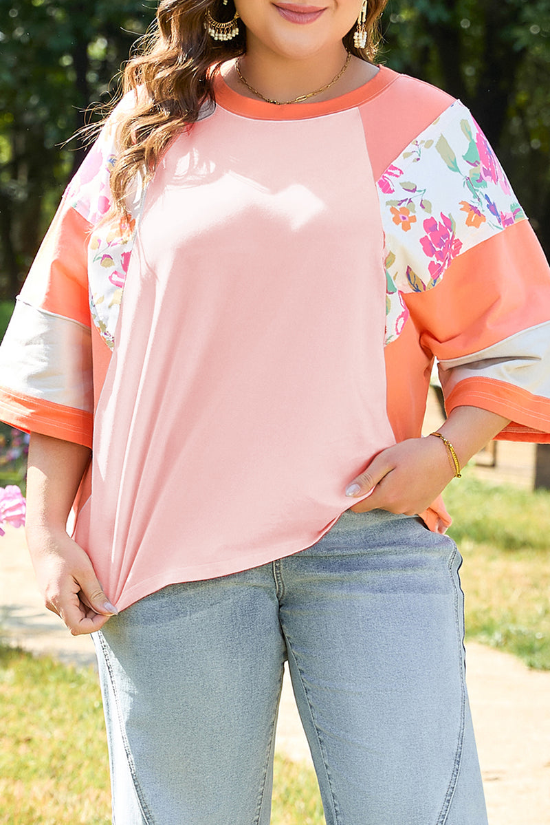 Plus Size Floral Print Patchwork Raglan Half Sleeve Top
