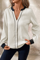 Textured Colorblock V Neck Elegant Blouse