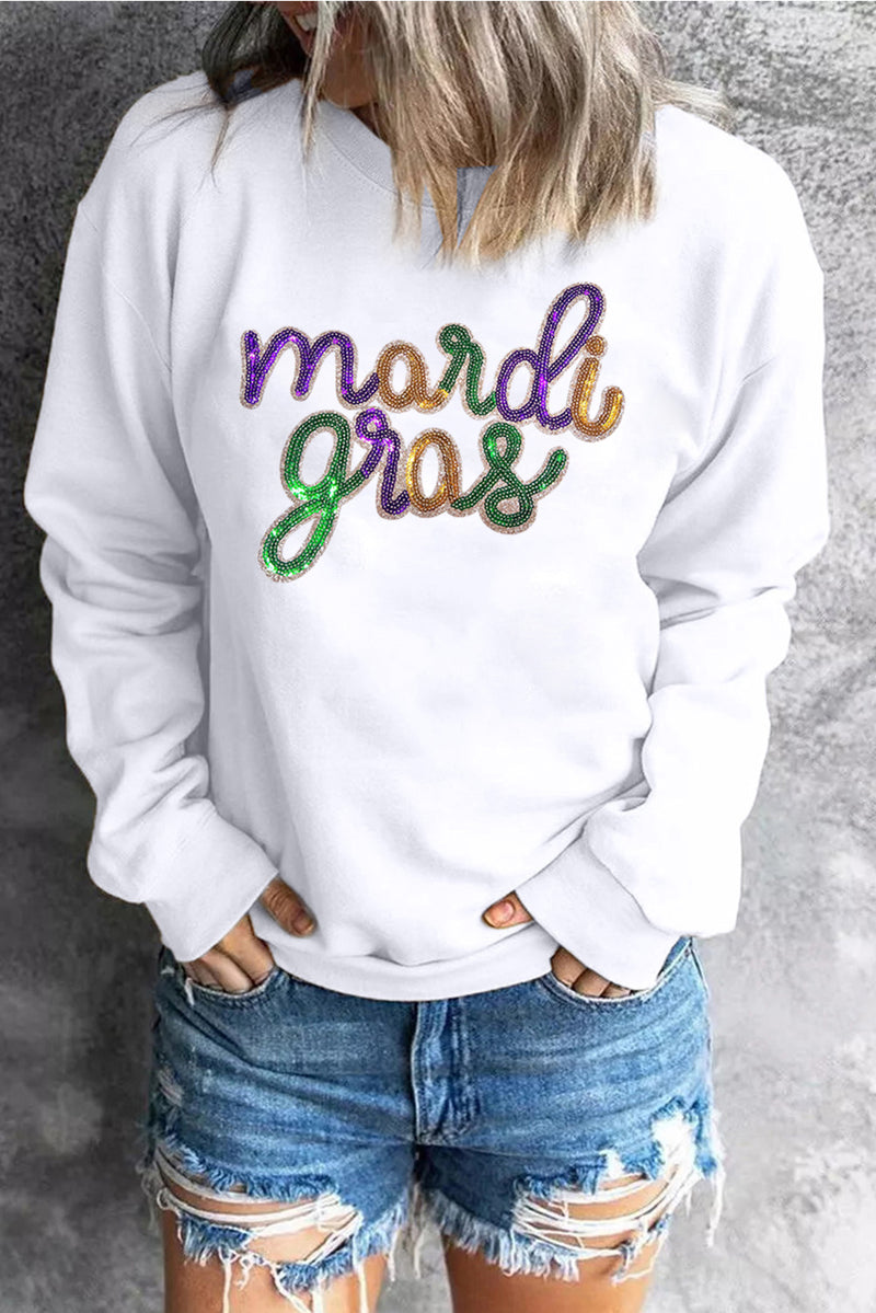 Sequined mardi gras Graphic Crew Neck Drop Shoulder Sweatshirt
