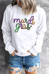 Sequined mardi gras Graphic Crew Neck Drop Shoulder Sweatshirt