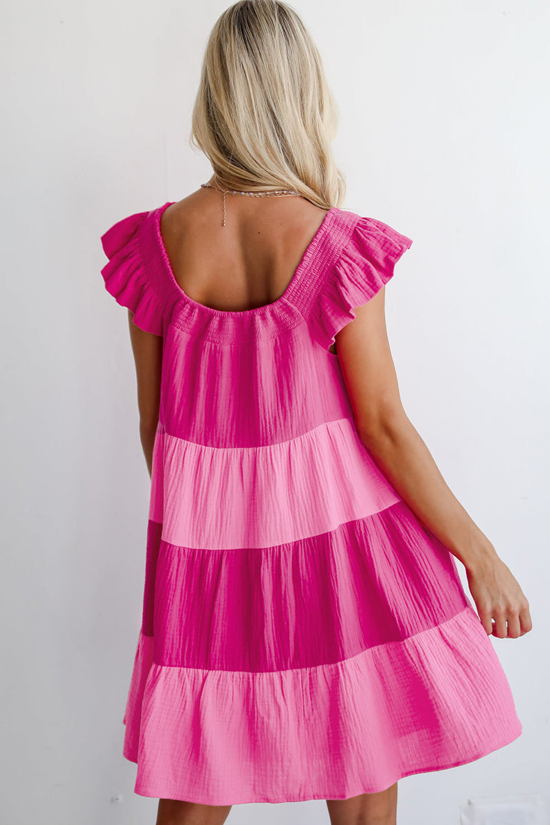 Crinkled Colorblock Patchwork Flutter Tiered Mini Dress