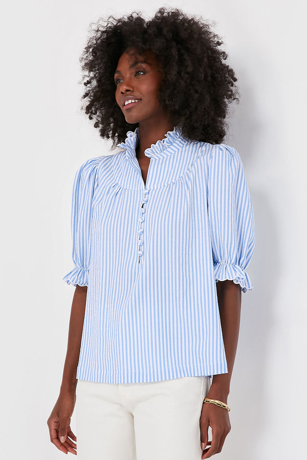 Stripe Ruffled Collar Puff Sleeve Half Buttons Blouse