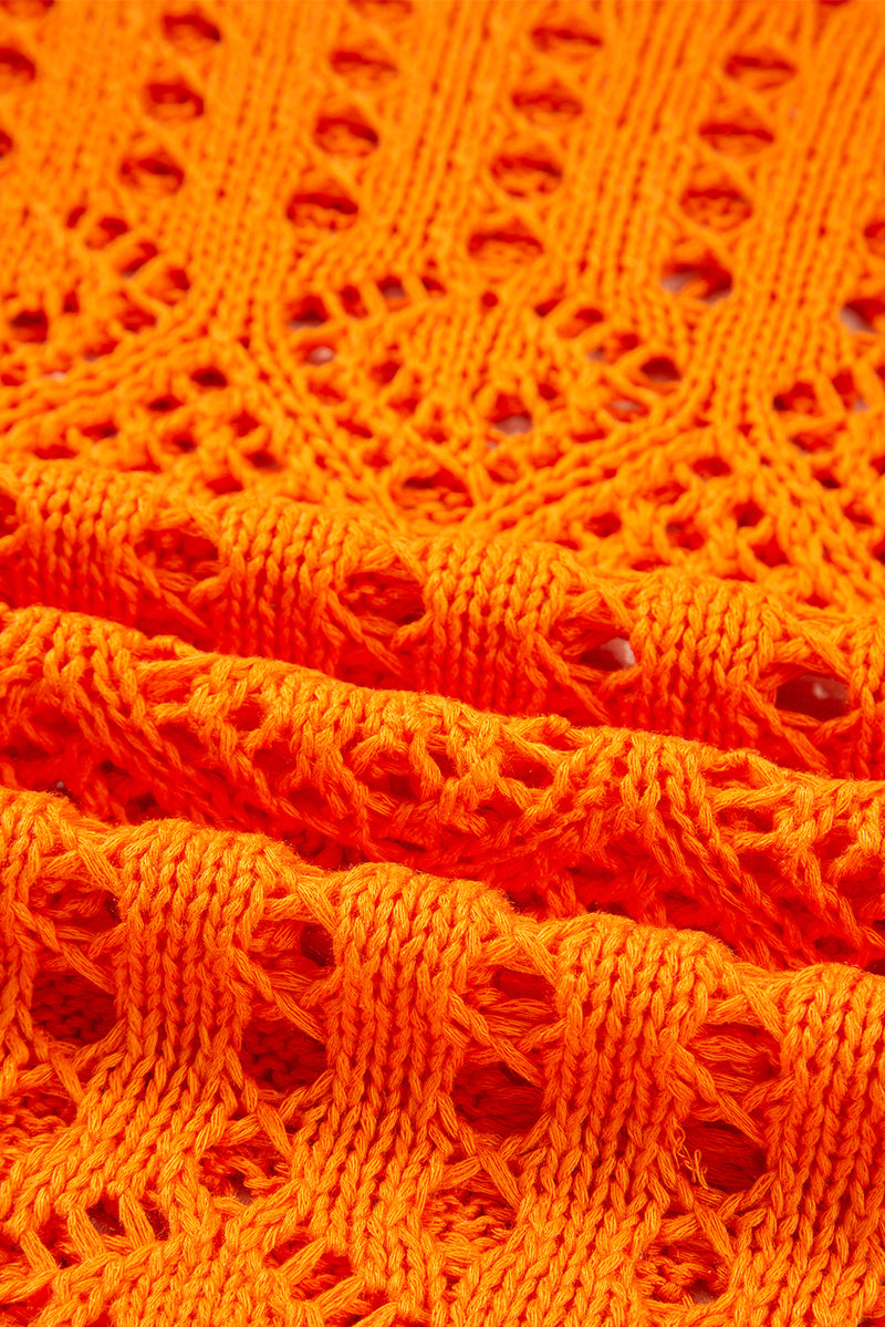 Orange Solid Color Open Crochet Scallop Edge Sweater