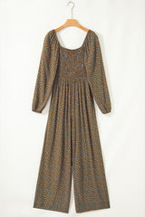 Floral Print Western Smocked Bodice Square Neck Wide Leg Jumpsuit