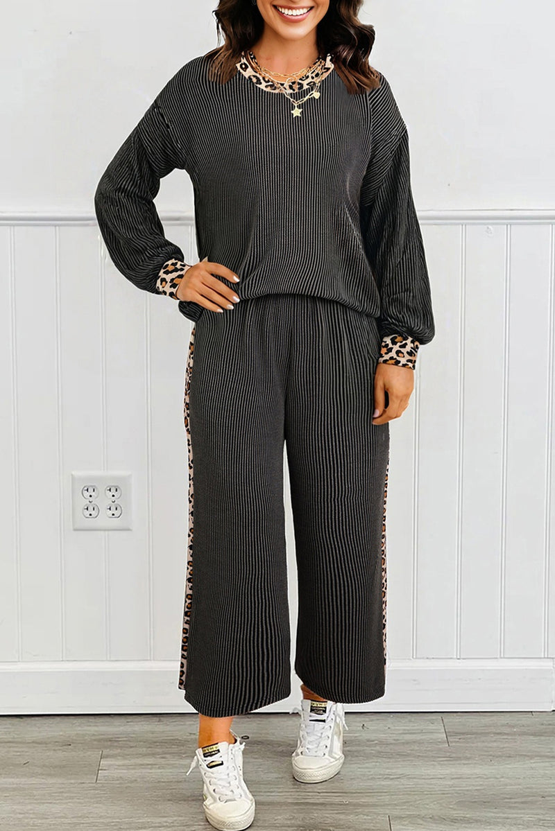 Twisted Rib Texture Leopard Patchwork Detail 2pcs Pant Set