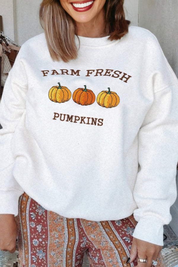 FARM FRESH PUMPKINS Embroidered Graphic Thanksgiving Holiday Sweatshirt