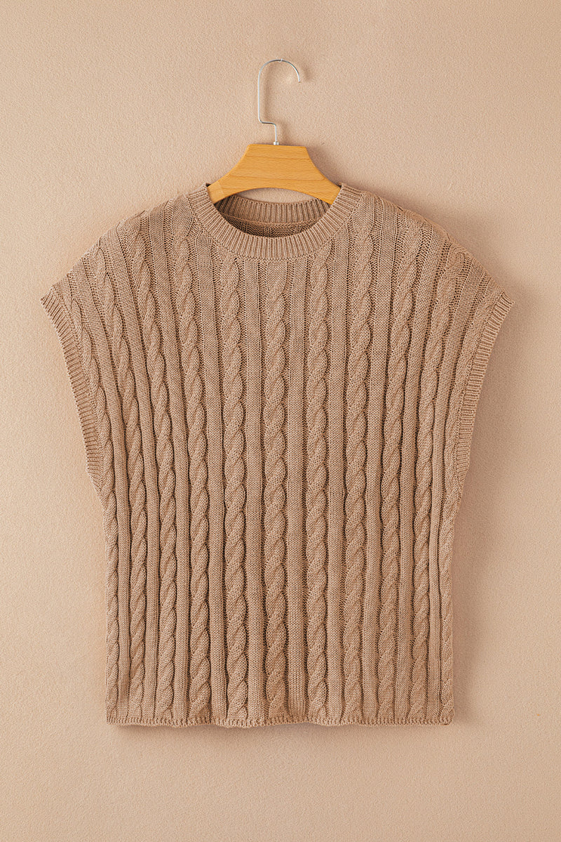 Solid Crew Neck Cable Knit Short Sleeve Sweater