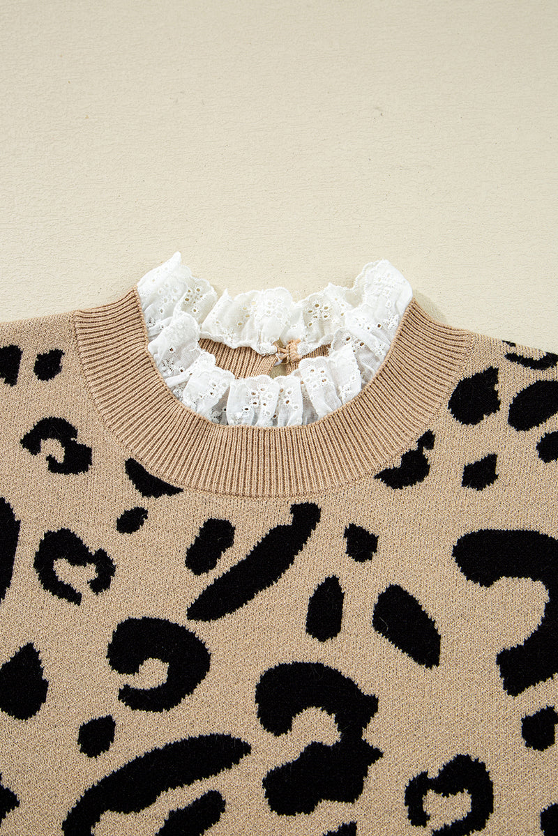 Leopard Pattern Lace Ribbed Detail Button Cuffed Sweater