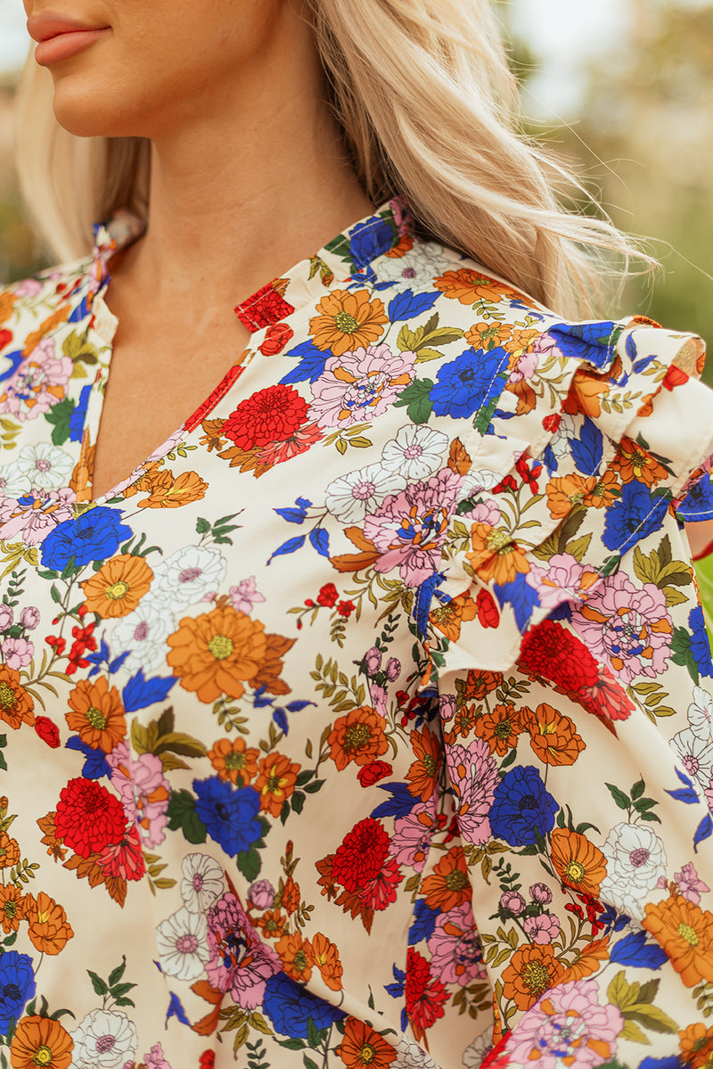 Ruffled Shoulder Long Sleeve Floral Blouse