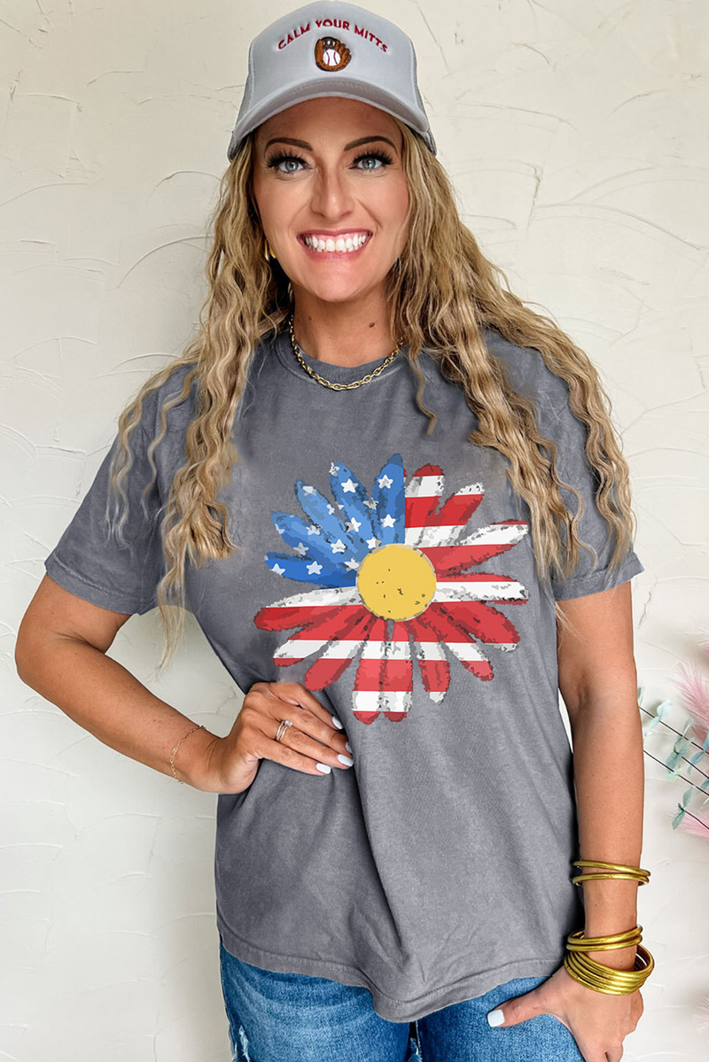 Flag Pattern Sunflower Graphic Crew Neck Tee