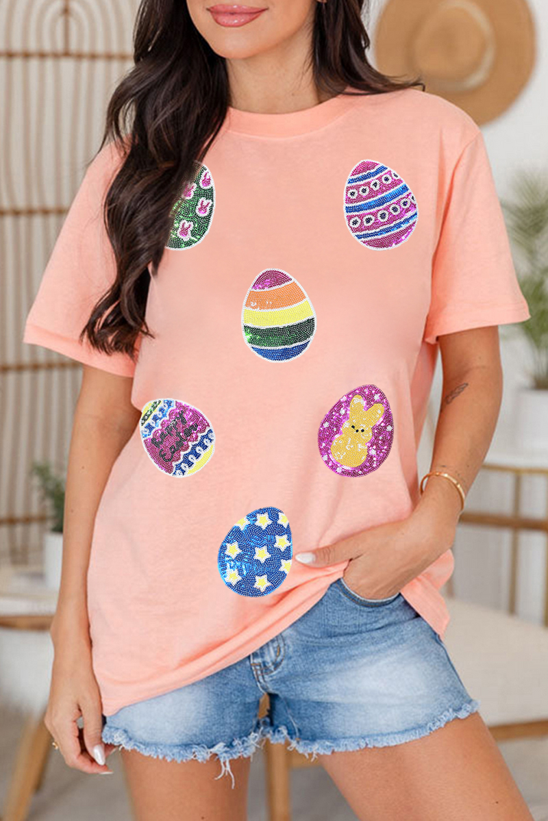 Sequin Easter Eggs Graphic Crewneck T Shirt