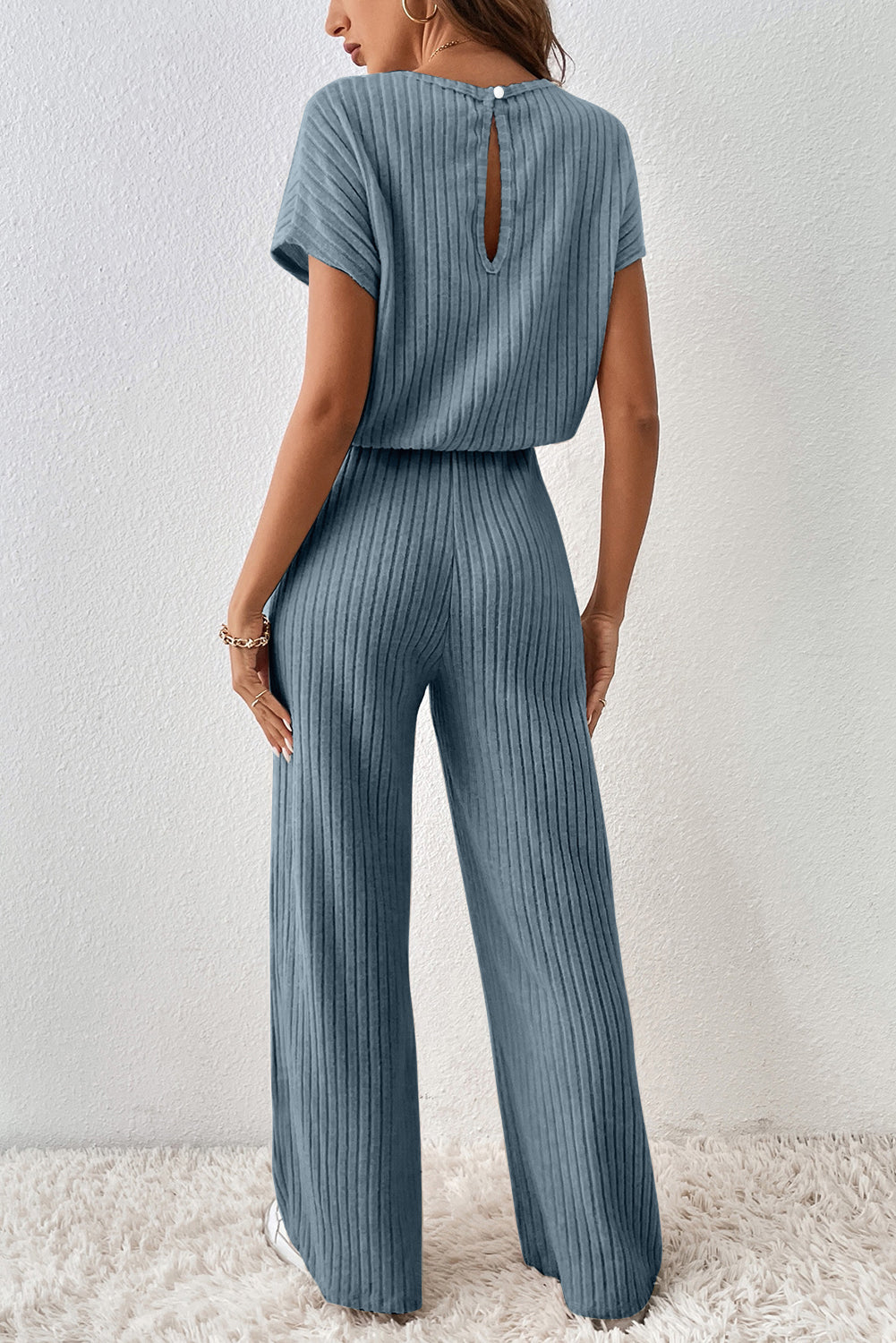 Solid Ribbed Keyhole Short Sleeve Wide Leg Jumpsuit