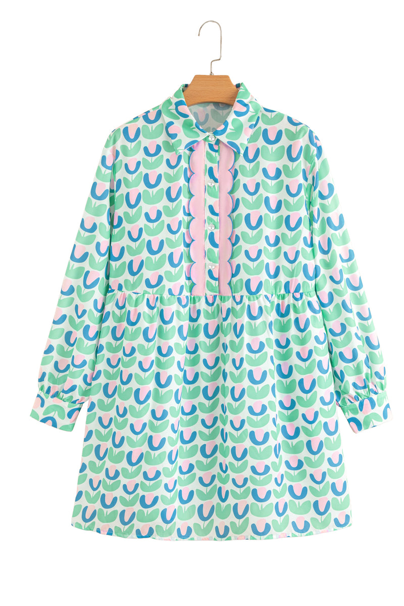 Floral Print Notched Neck Scalloped Detail Long Sleeve Mini Dress