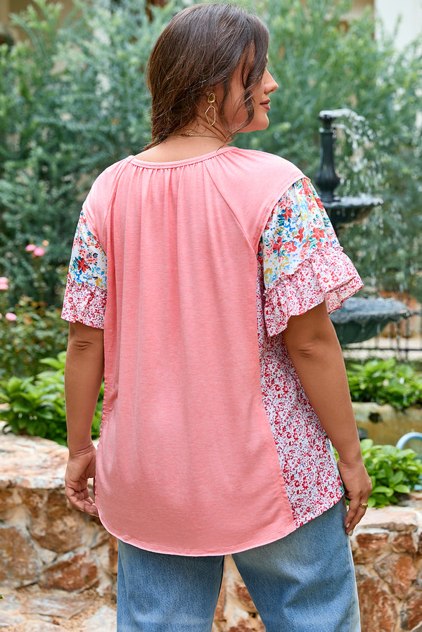 Plus Size Floral Patchwork Ruffled Short Sleeve Blouse