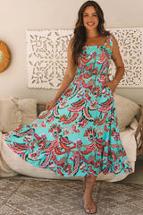 Abstract Print Smocked Bodice Knotted Straps Ruffled Maxi Dress
