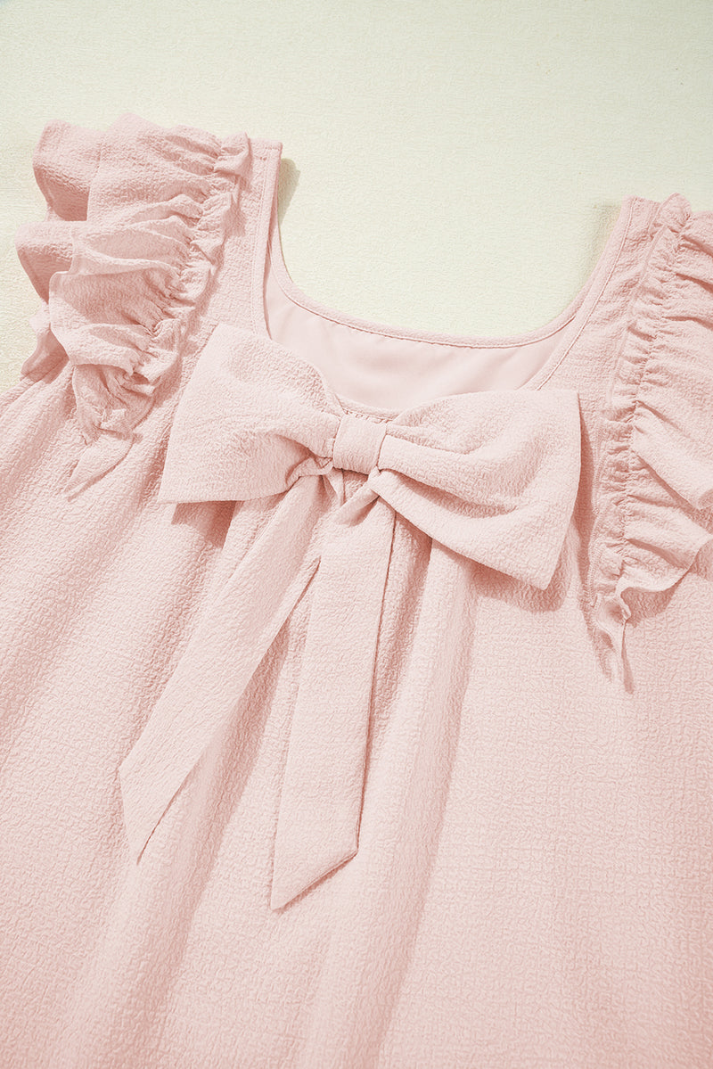 Textured Flutter Sleeve Square Neck Bow Back Mini Dress