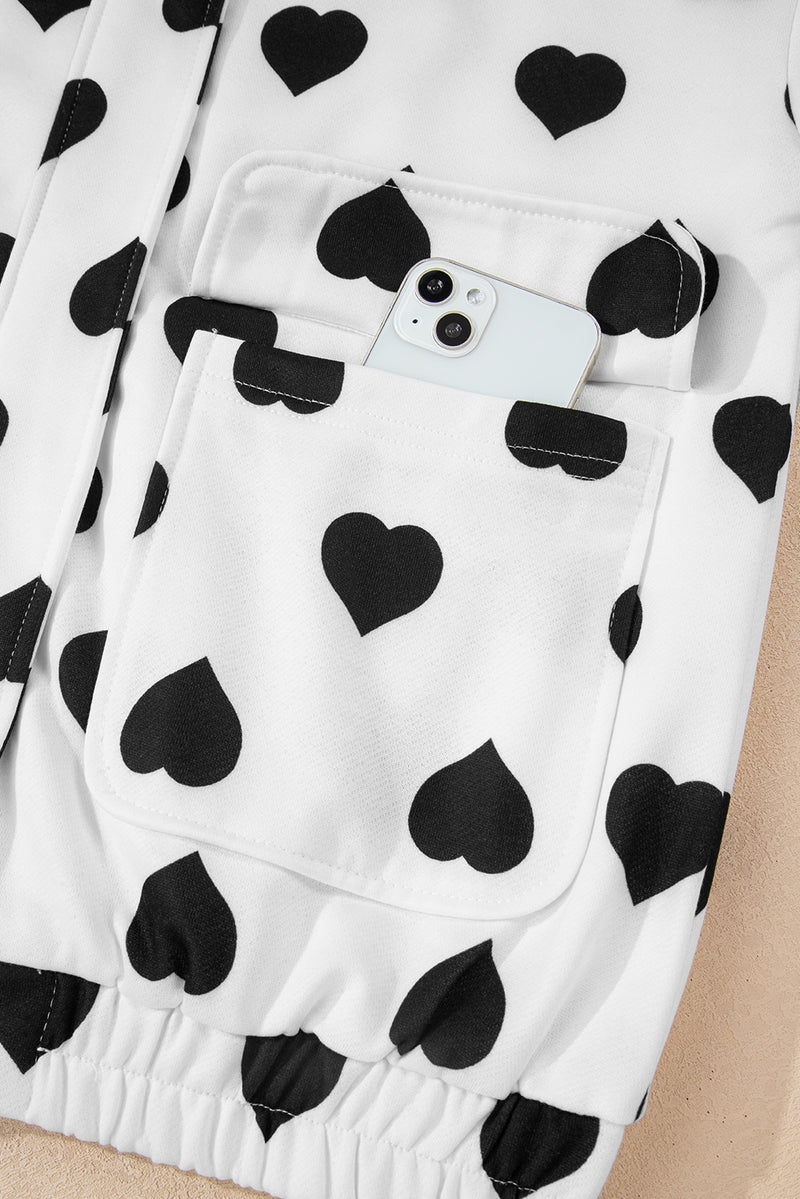 Double Flap Pocket Heart Print Collar Zip Jacket
