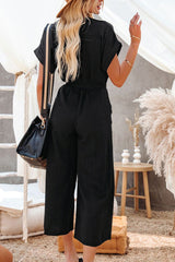 Solid Dolman Button Belted V Neck Wide Leg Pocketed Jumpsuit