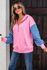 Checkered Patchwork Kangaroo Pocket Half Zipper Hoodie