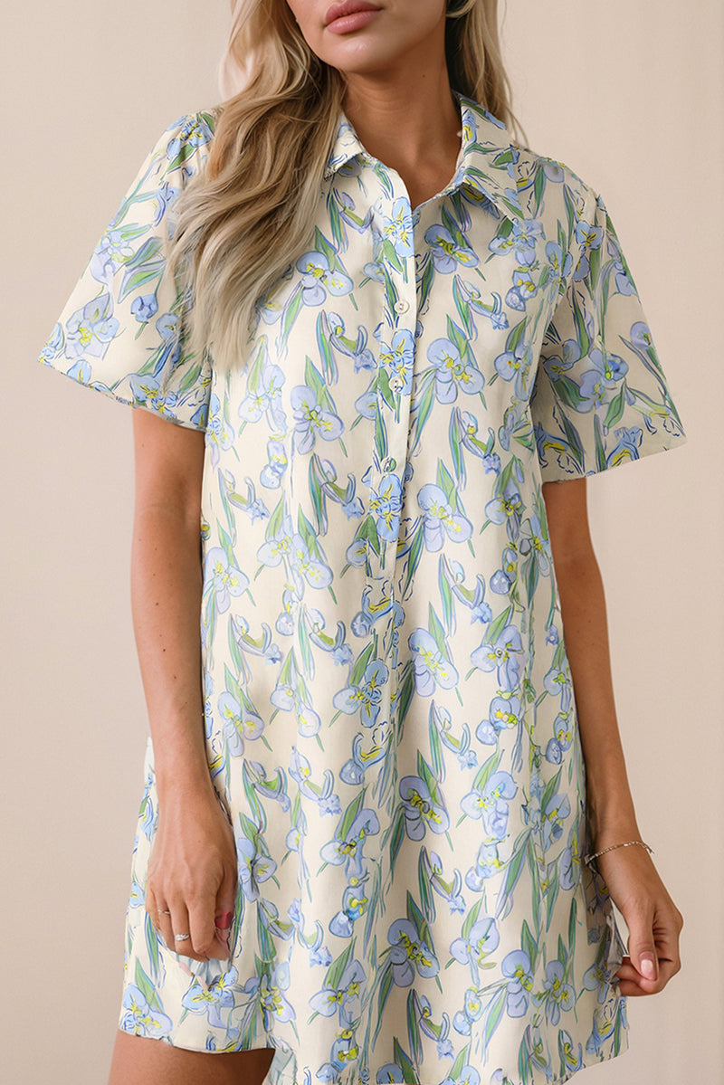 Floral Print Shirtcollar Buttoned Short Sleeve Shift Dress