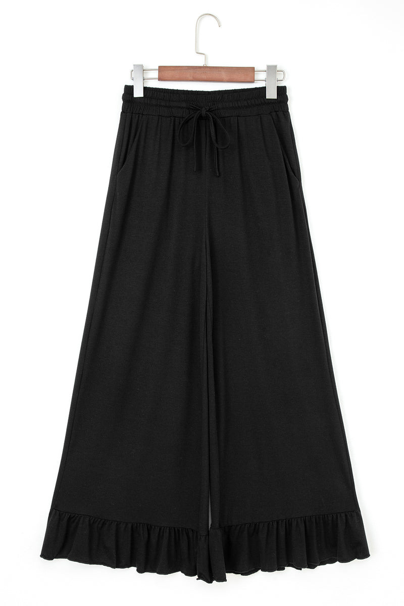Ruffled Wide Leg Pull On High Waist Pants with Pockets