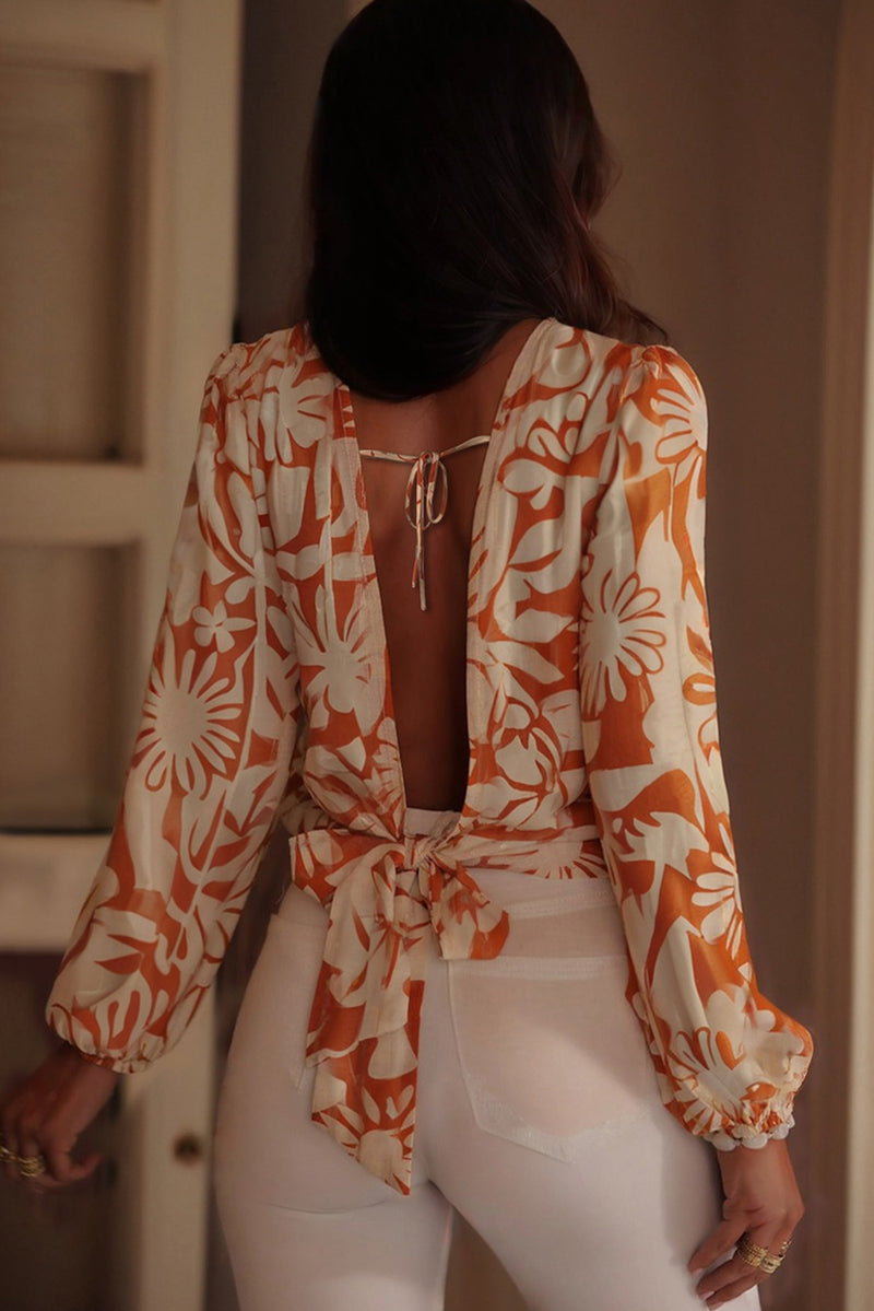 Floral Print Knotted Open Back Long Sleeve Blouse