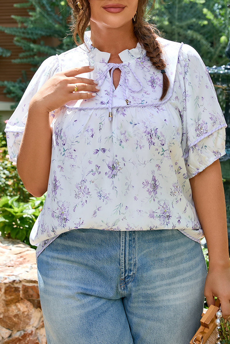 Floral Trimmed Detail Split Neck Plus Size Top