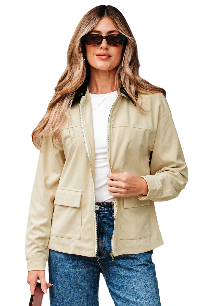 Parchment Contrast Leather Collar Textured Zip Up Jacket