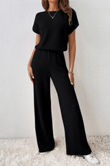Solid Ribbed Keyhole Short Sleeve Wide Leg Jumpsuit