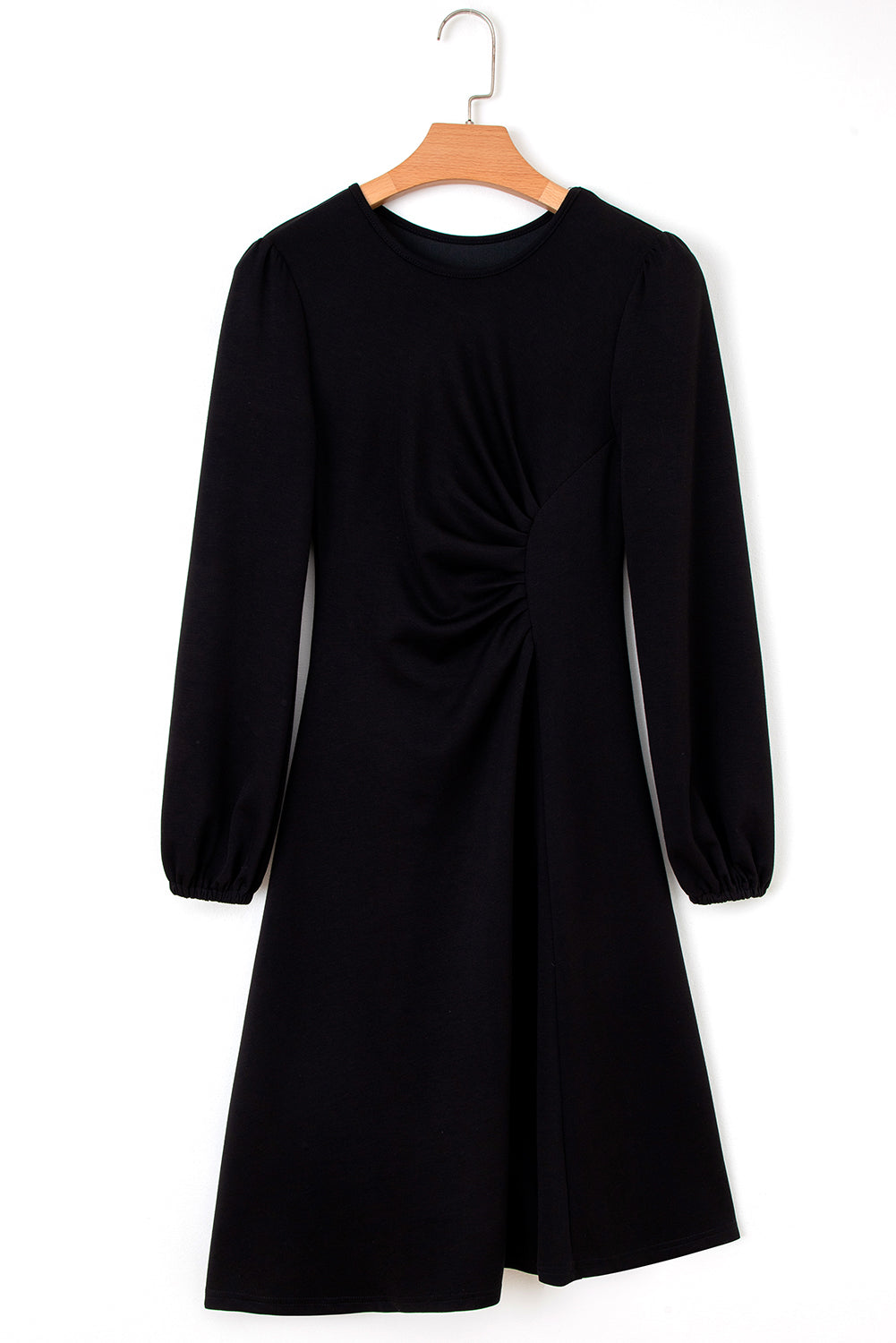 Solid Color Ruched Detail Long Sleeve Midi Dress