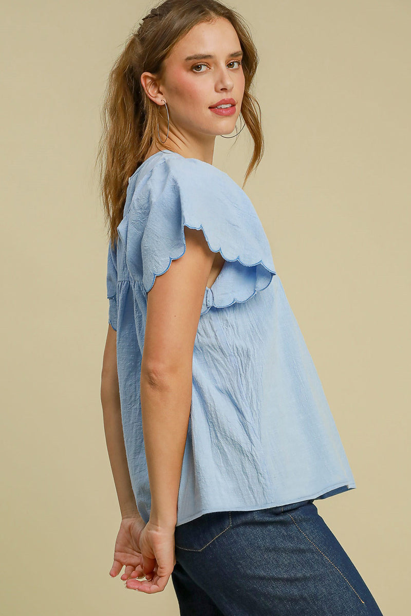 Blue Solid Color Embroidered Scalloped Sleeves Crew Neck Blouse