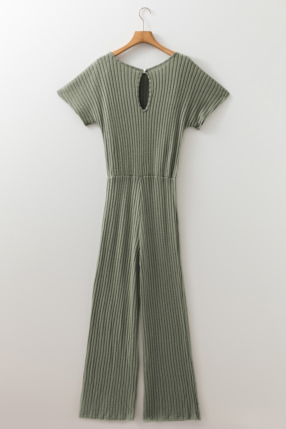 Solid Ribbed Keyhole Short Sleeve Wide Leg Jumpsuit