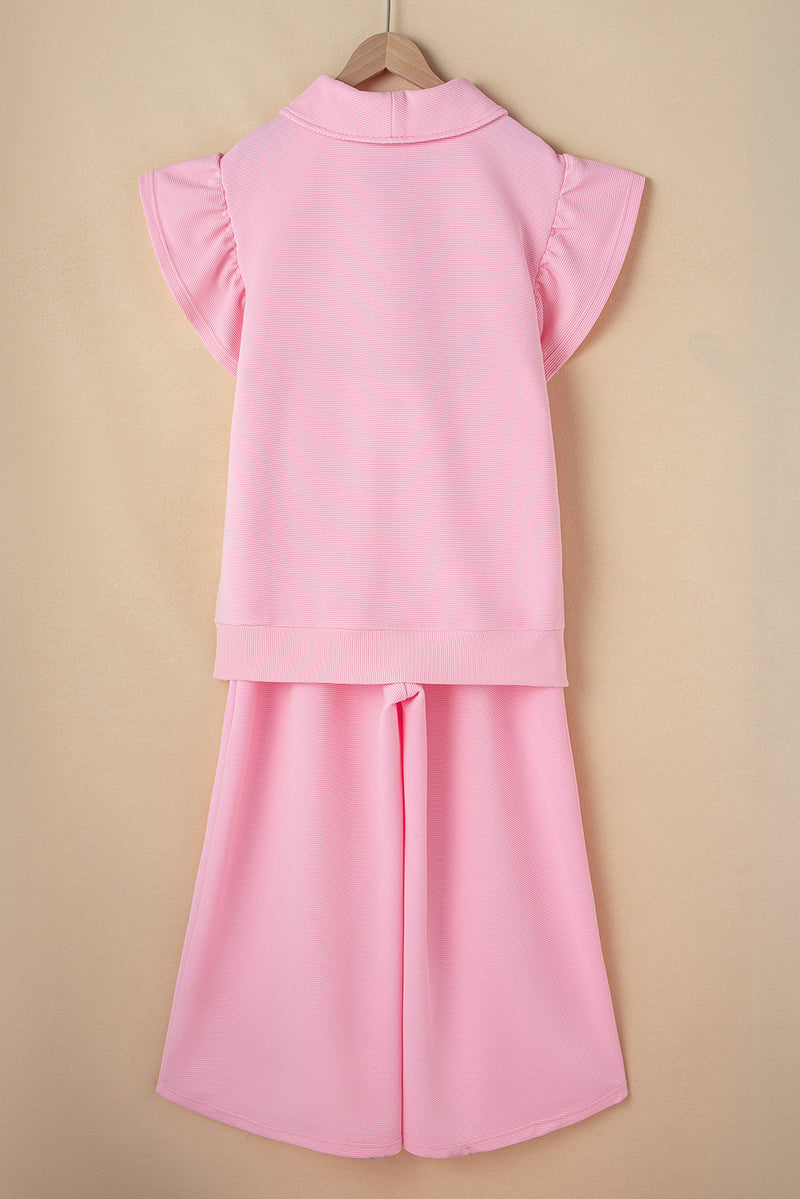 Solid Textured Ruffled Sleeve Zipped Top and Wide Leg Pants Set