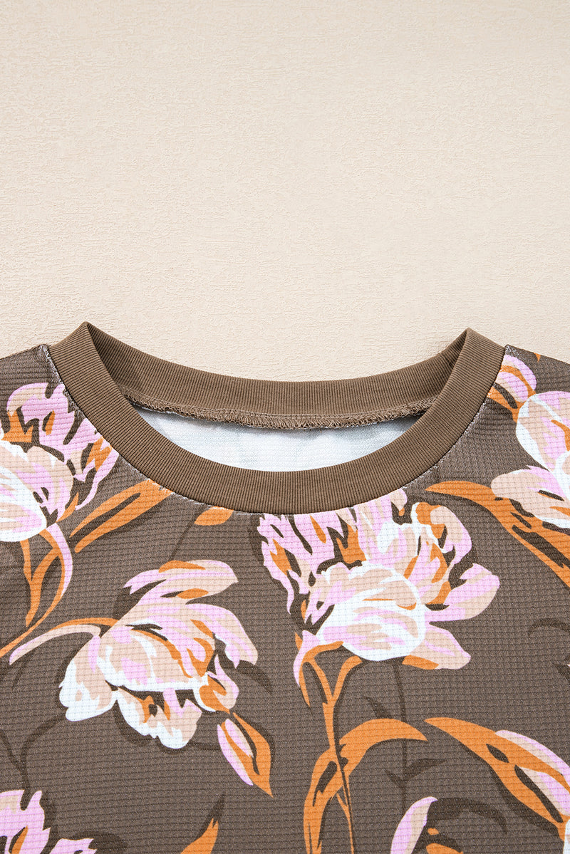 Floral Print Waffle Textured Long Sleeve Top