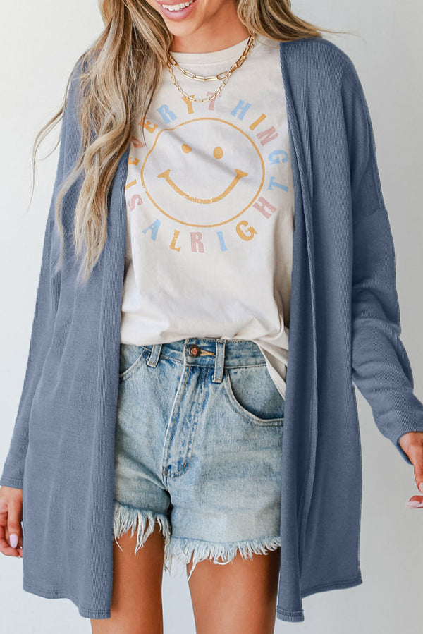 Solid Color Rib Knit Open Front Tunic Cardigan